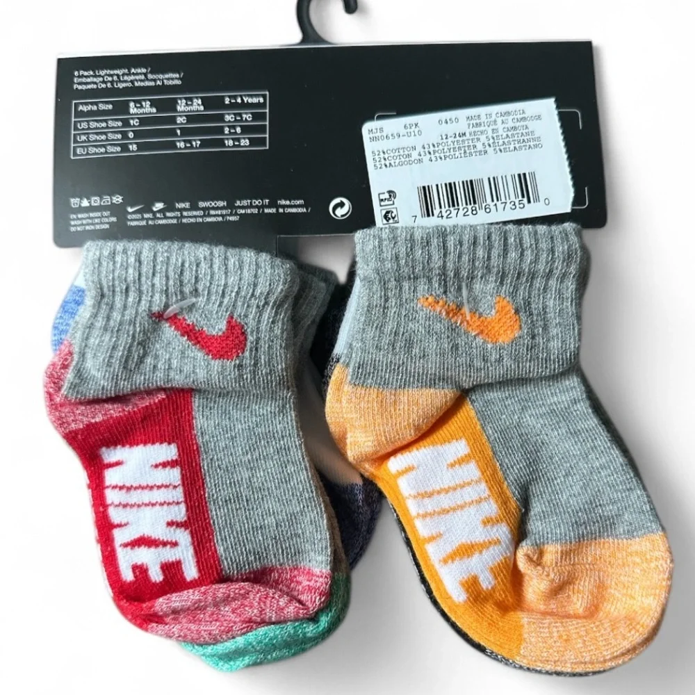 Nike 6 Pack Assorted Colors Ankle Socks Infant Boys Size 12-24 Months NWT